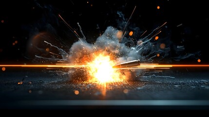 Dramatic high speed bullet impact explosion tearing through a metal surface creating a powerful shockwave and shattering the material with intense force and energy