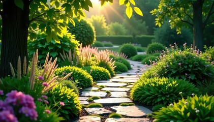 Stone pathway winding through garden, lush foliage , bricks, texture