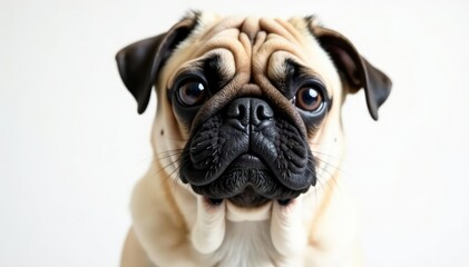 Solo pug, looking directly at camera, pure white backdrop, pug, headshot, ears