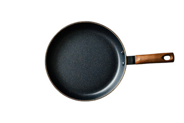 Elegant dark grey frying pan with gold speckles and wooden handle against a black background A on transparent background