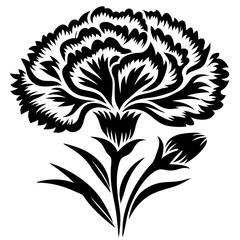 Black and White Floral Vector of Carnation with Bud and Leaves