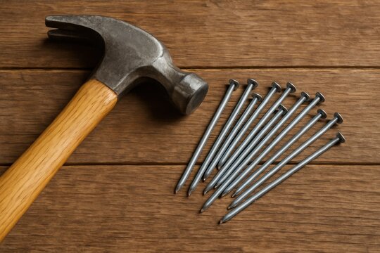  a hammer and a collection of galvanized nails laid out on a rustic wooden surface.