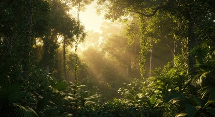 Obraz premium Sunlit Tropical Rainforest with Lush Green Foliage