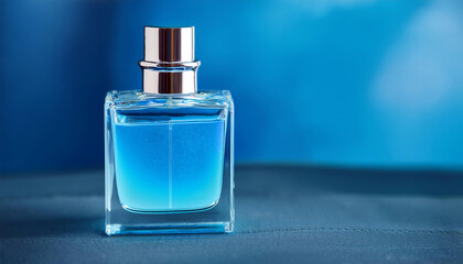 Elegant Blank Perfume Bottle Mockup with Blue Liquid in a Cool Temperature. Perfume with Blue Background and Natural Daylight.