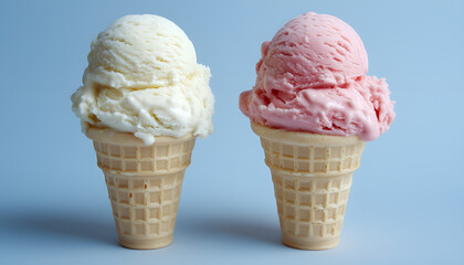 Close up two tasty ice cream in waffle cone pastel colors with copy space on pastel blue background
