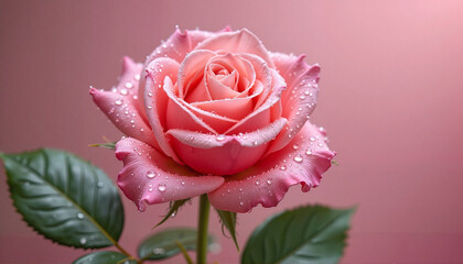 Naklejka premium Glistening pink rose with dew on soft background, freshness and purity