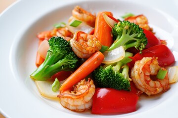 Stir fried vegetables with shrimps in a white dish