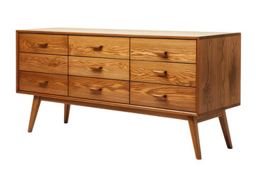 Elegant Mid Century Modern Eight Drawer Dresser in Rich Wood Grain with Tapered Legs on transparent background