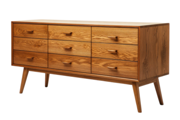 Elegant Mid Century Modern Eight Drawer Dresser in Rich Wood Grain with Tapered Legs on transparent background