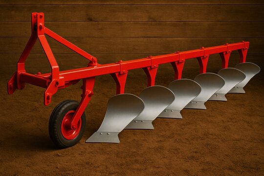  red moldboard plow designed for tractor attachment, positioned on a compact dirt surface with a wooden barn wall behind.