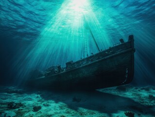 Fototapeta premium Serene underwater exploration revealing a weathered ship resting on the ocean floor under gentle sunlight rays.