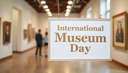 International Museum Day sign in an art gallery with visitors  