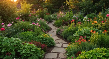 Sunset Garden Path with Colorful Flowers
