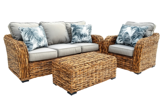 Elegant rattan sofa set with comfy cushions perfect for relaxing outdoors Stylish wicker on transparent background