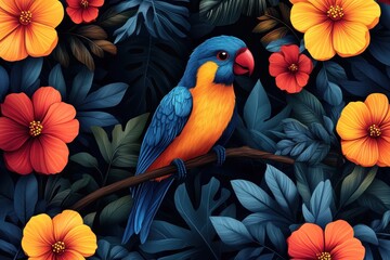 Obraz premium Colorful parrot perched among vibrant tropical flowers in a lush backdrop