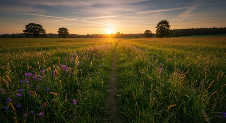 Obraz premium Sunset over a Vibrant Wildflower Meadow