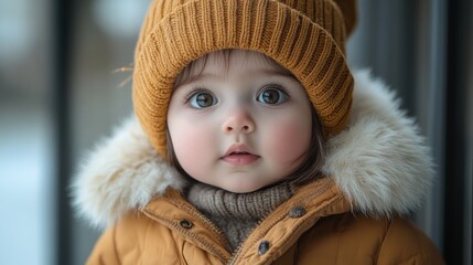 Captivating close-up of a cute baby in winter attire with expressive eyes