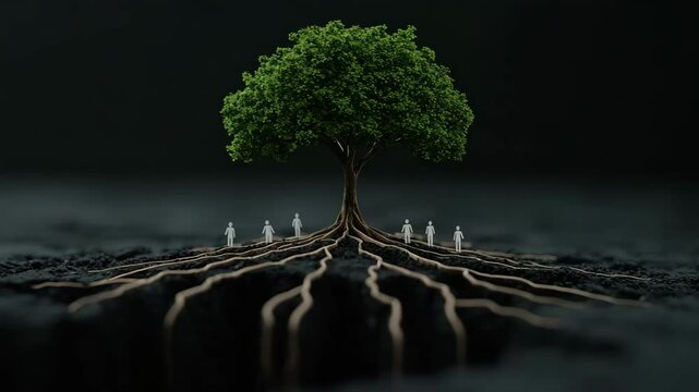 Roots of Unity: The image shows a singular majestic tree with a lush, verdant canopy and robust roots, symbolizing interconnectedness and growth, is interwoven with figures.