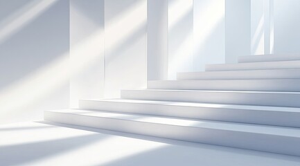 Fototapeta premium White staircase leading upwards in a modern, minimalist room with sunlight streaming through the windows