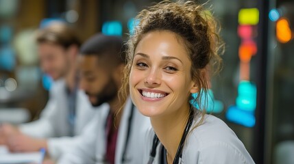 Smiling female doctor in a lab setting, showcasing professionalism and warmth.