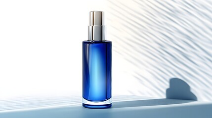 A minimalist blue glass bottle with a metallic spray nozzle is elegantly displayed against a textured background, capturing the essence of modern elegance and simplicity.