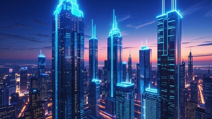 Obraz premium Towering skyscrapers glowing with neon blue lights