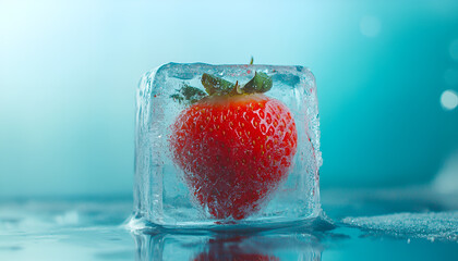Frozen strawberry in ice cube on frozen blue background