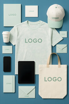Flat lay of branded promotional merchandise on blue background featuring marbled t-shirt, baseball cap, tote bag, and accessories in white and green tones, ideal for modern marketing & product mockup.