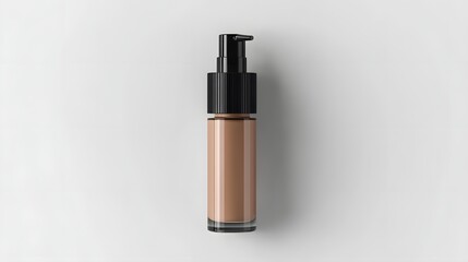 A sleek bottle of foundation placed on a minimalist background, highlighting its elegant design and rich color. Ideal for beauty and skincare promotions.