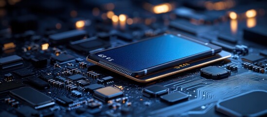 Closeup of CPU on Circuit Board, Tech Background