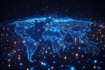 Obraz premium Digital representation of a world map showcasing interconnected networks and glowing nodes