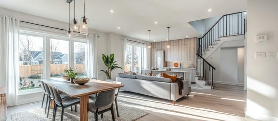Bright, open-concept living space with dining area, light wood floors, and modern staircase