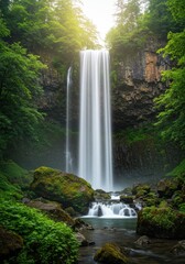 Tall Waterfall in Lush Green Forest