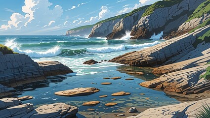 Rocky beach with tide pools and crashing waves