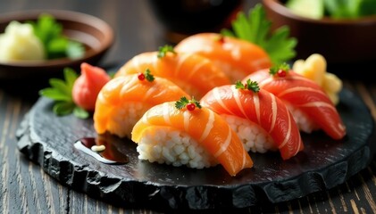 Colorful sushi platter, ginger, wasabi, soy sauce , maki, plate
