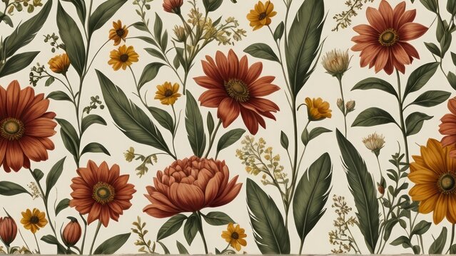 Autumnal floral pattern with rust and beige flowers and leaves. Warm, botanical design perfect for backgrounds or fall themes.