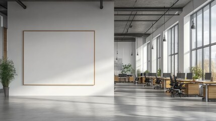 Obraz premium Modern Industrial Office with Large White Wall, Desks, Chairs, Grey Concrete Floor, and Wooden Cabinets