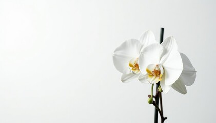 Obraz premium Delicate white orchid blossom against pure white backdrop, stock photo, simple, tranquil
