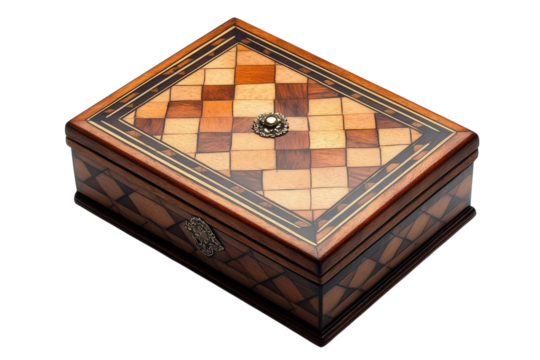 Exquisite antique wooden box intricate marquetry top chessboard pattern elegant brass accents on transparent background