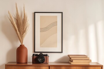 Interior Still Life with Pampas Grass, Art, Retro Camera & Books on Wooden Cabinet