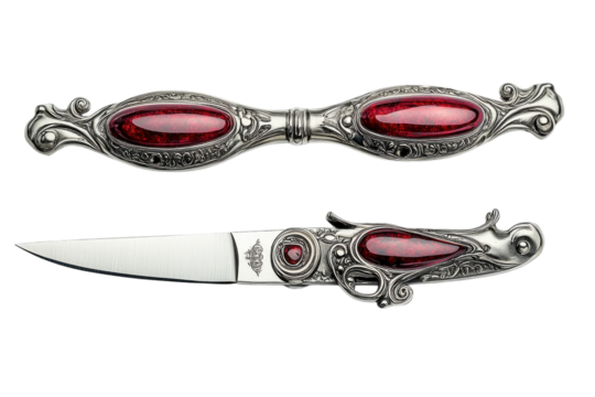 Exquisite silver folding knife with ruby red inlays intricate ornate details sharp blade on transparent background
