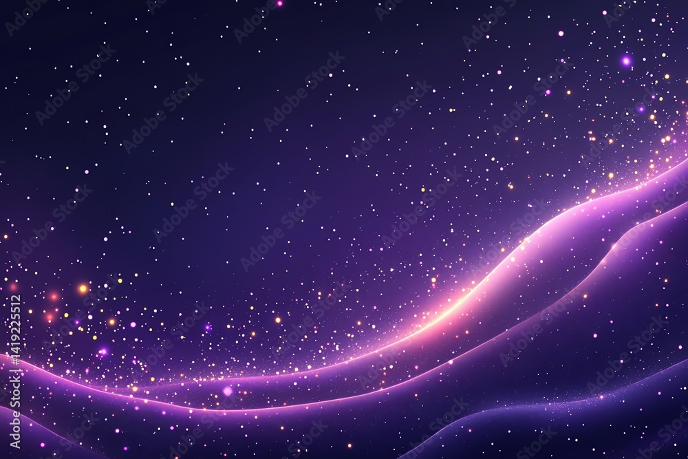 Wall mural shimmering purple waves flow across a dark galaxy background sprinkled with glowing particles. perfe