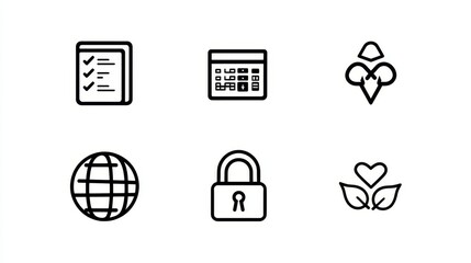 Six Minimalist Black Line Icons on White Background: Checklist, Calculator, Flower, Globe, Lock, and Heart with Leaves