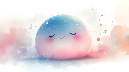 Naklejka premium Blobby watercolor creature with closed eyes and a subtle smile, pink and baby blue gradients blending gently on a white background, surrounded by tiny pastel dots.