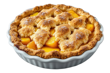 Golden brown peach cobbler a delightful dessert baked to perfection in a white ceramic dish on transparent background