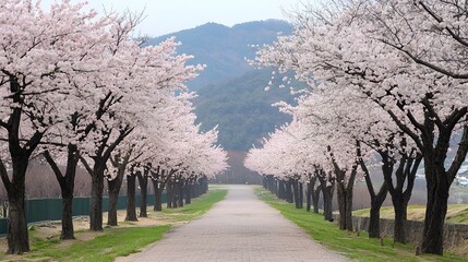 Obraz premium Charming rural road surrounded by a picturesque landscape of blossoming cherry trees in full spring bloom The serene tranquil scene evokes a sense of peaceful idyllic countryside