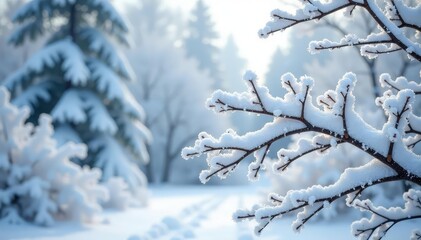 Obraz premium Snow-covered branches, stark white, intricate details, texture, icy, photography