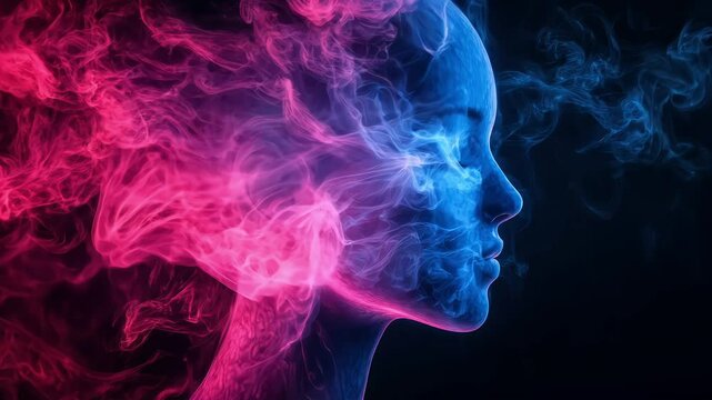 pink and blue smoke forming female face silhouette in futuristic light