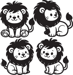 cartoon lion silhouette set, black and white lion outline illustration, cute lion outline silhouette, playful lion black and white art, hand-drawn cartoon lion silhouettes, funny lion outline drawing,