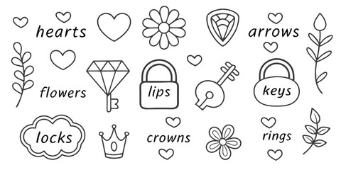 Vector of Hand Drawn Heart, Flower, Arrow, Key, Crown, Lock, and Diamond Icons